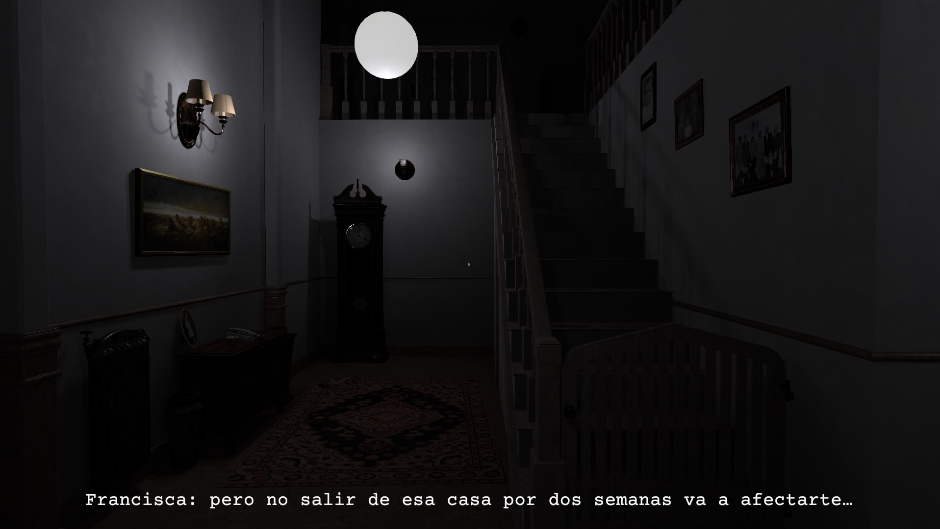 A dim staircase and grandfather clock inside the Carved Shadows house