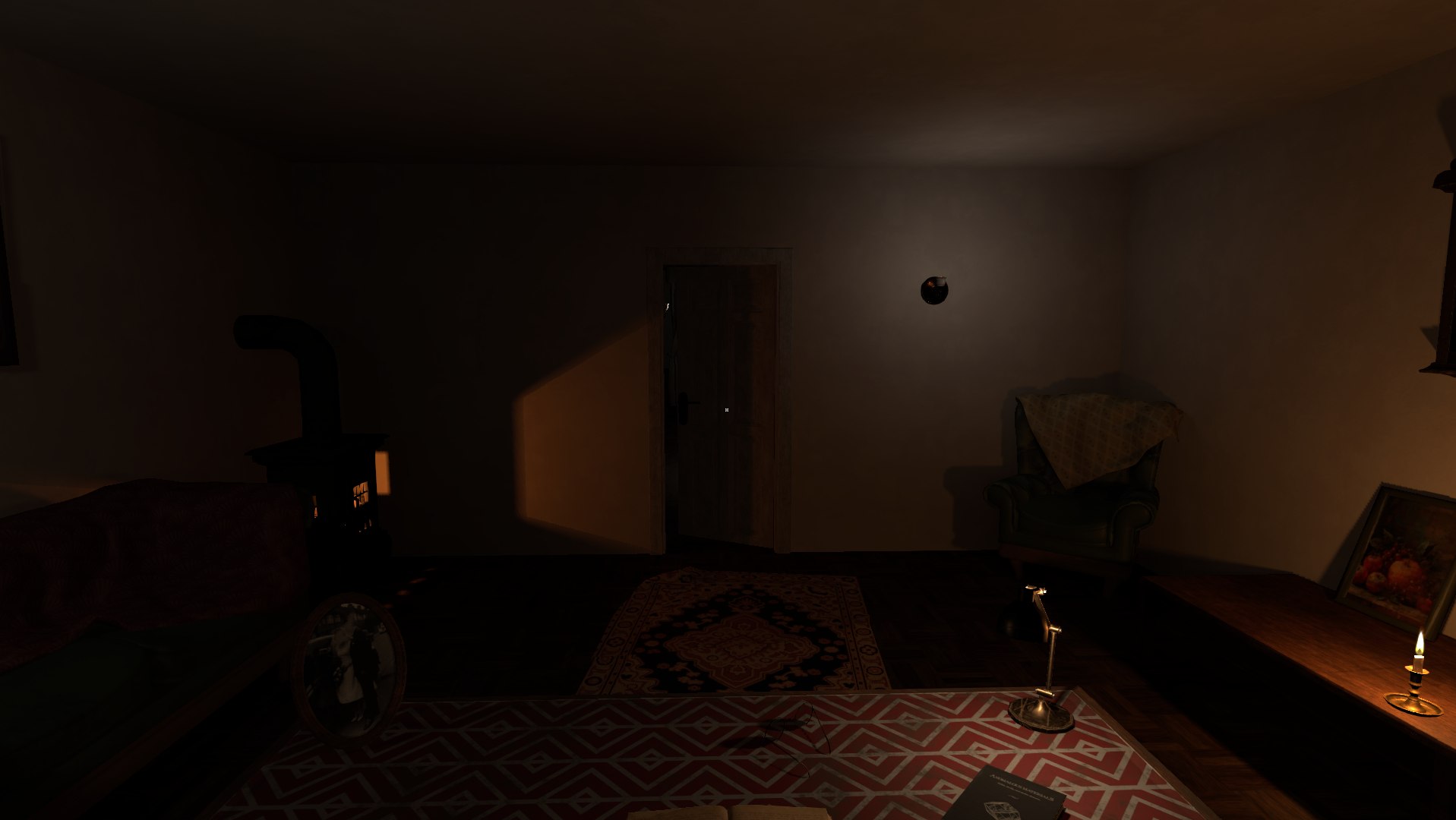A candlelit room with a closed door in Carved Shadows